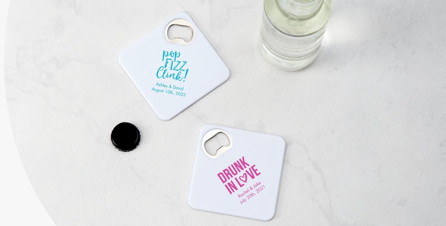 Personalized Plastic Drink Coaster Favor with Bottle Opener