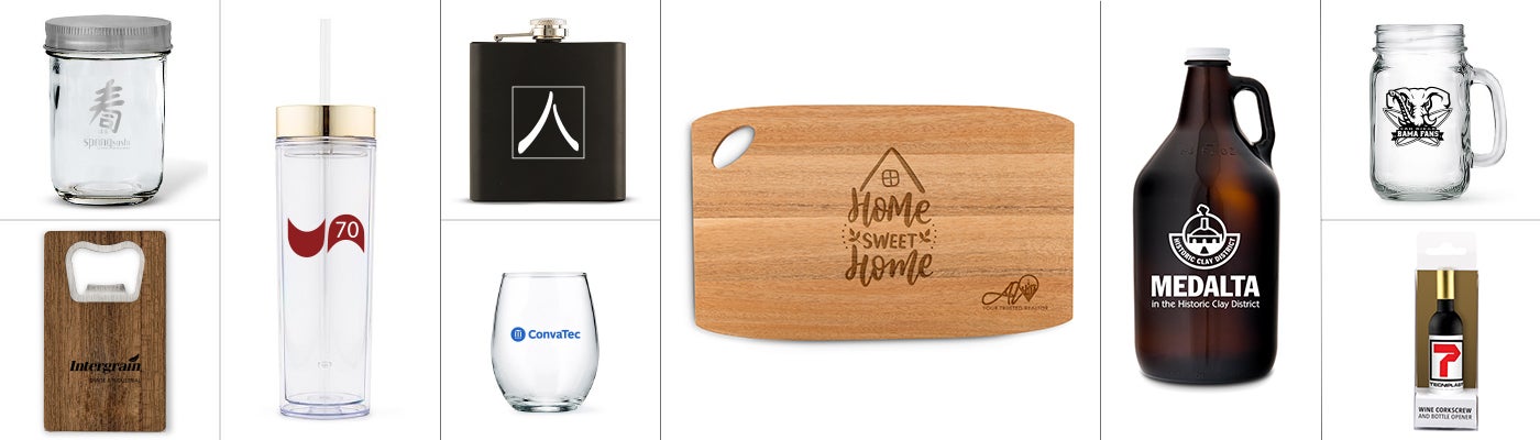 Corporate Gifting product examples: mason jar with lid, wooden bottle opener, drink tumbler, flask, stemless wine glass, cutting board, beer growler, mason jar with handle,  and wine bottle corkscrew